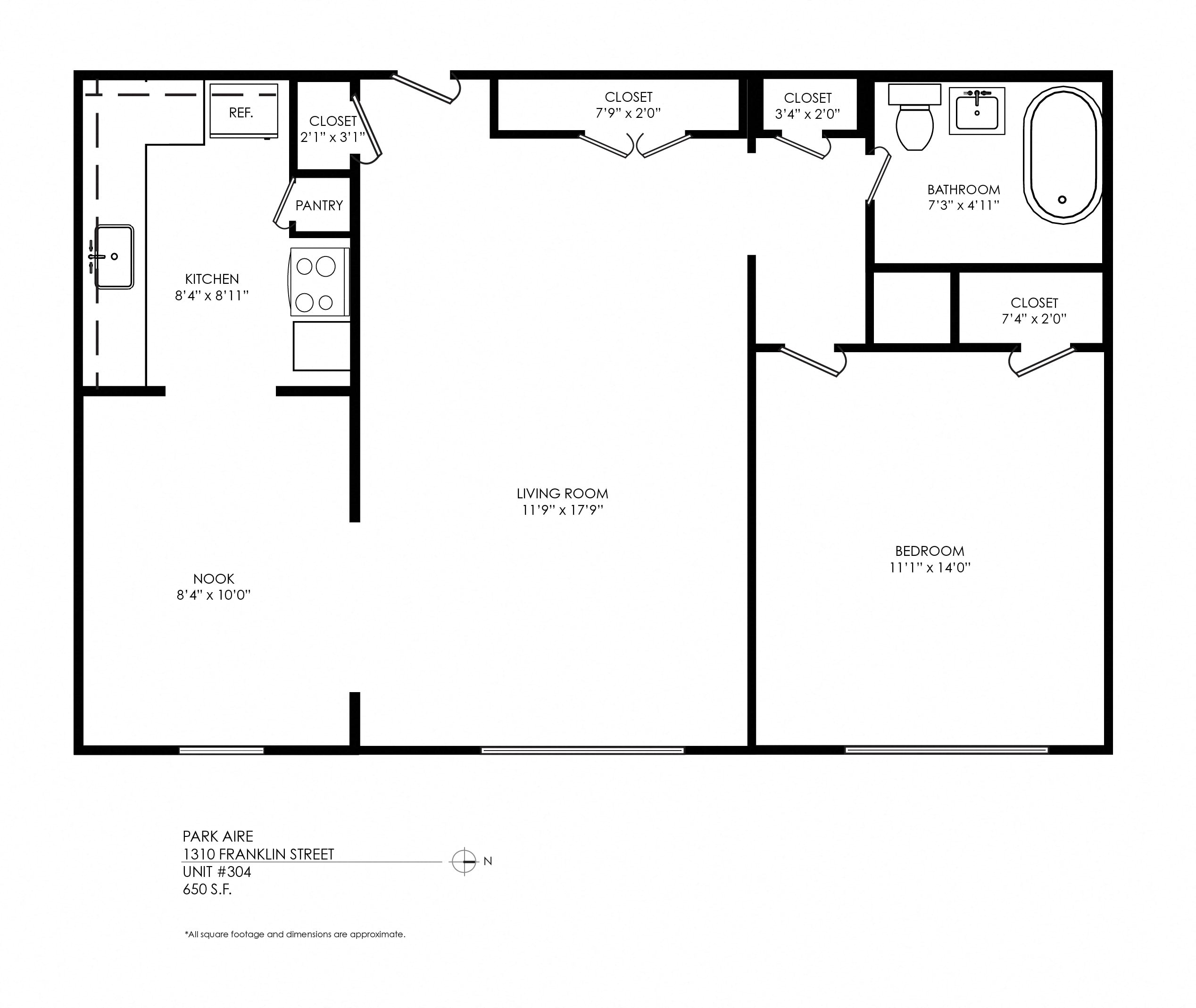 Floor plan for 1 bed, 1 bath, 625 sqft